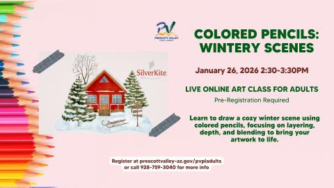 event poster with a drawing of a red farm style house with evergreen tress in the yard. Multi-color colored pencils 