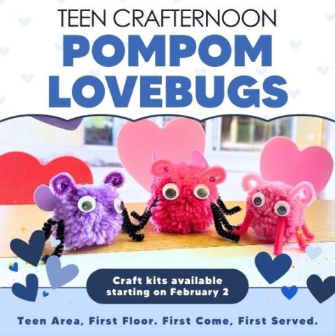 Blue and white Pompom Lovebugs flyer with photo of the craft.