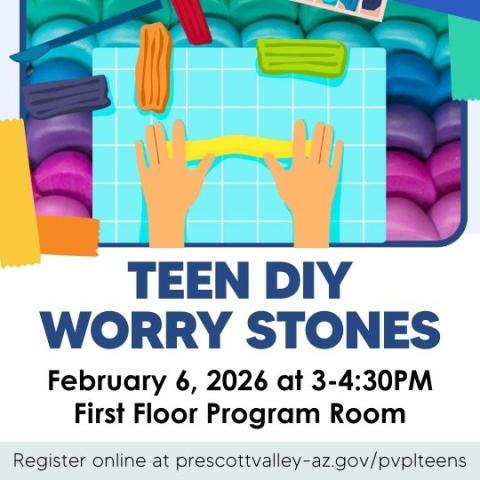 Blue and white Teen DIY Worry Stones flyer with description of program.