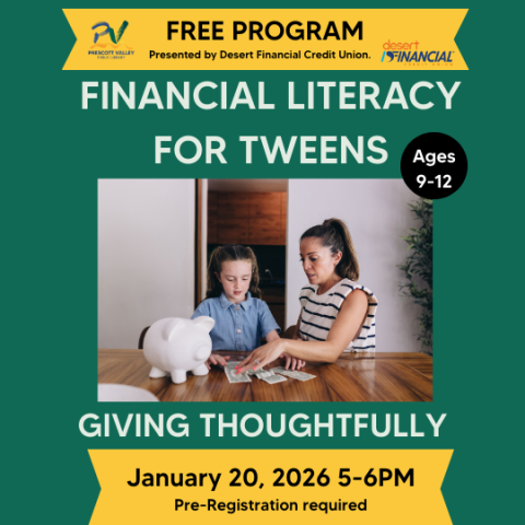 Green and yellow flyer with parent helping child sort money on table.