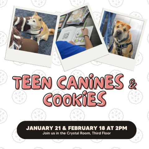 Canines & Cookies Flyer for January and February 2026. Pink and white.