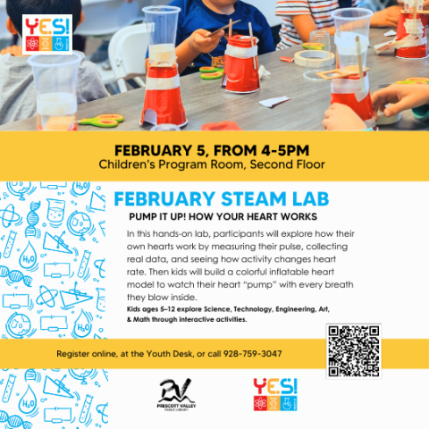 picture of children doing a science experiment with the text information February 12, 2026 4-5pm February STEAM LAB
