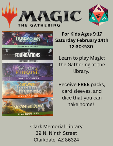 Image of booster boxes of Magic the gathering cards that will be used. Time, date, and location of event included. 