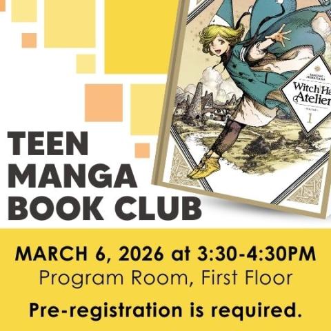Yellow and White Manga Book Club flyer with book cover of Witch Hat Atelier.
