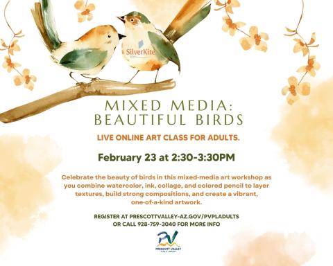 event poster with yellow and green watecolor birds on a branch