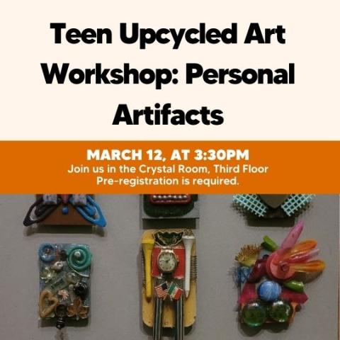 Orange and cream Teen Upcycled Art Workshop flyer with photo of craft.