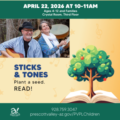 man and woman playing musical instruments on a tan background. Graphic of a tree growing out of a book. Text says Sicks and Tones plant a seed read