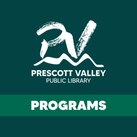 Prescott Valley Public Library logo above the word programs on a dark green background