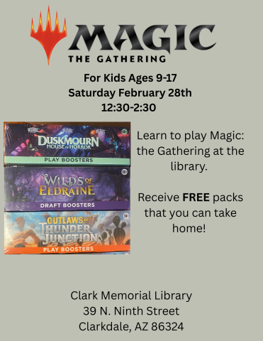 Magic: The Gathering Logo with three booster packs including Duskmourn, Wilds of Eldraine, and Outlaws Thunder Junction. 