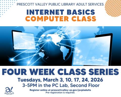 event poster with computer images and globe