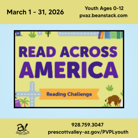 March 1-31, 2026 Youth ages 0-12 pvaz.beanstack.org Read Across America Reading Challenge Prescott Valley Public Library logo