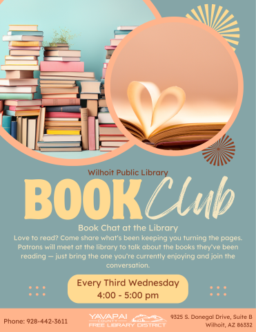 Book chat at the library! Love to read? Come share what's been keeping you turning the pages. Patrons will meet at the library to talk about the books they've been reading, just bring the one you're currently enjoying and join the conversation. Every third Wednesday 4-5pm.