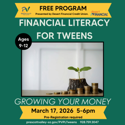 Green and yellow flyer with a sprout growing from a tree and some coins lined up in front of it.