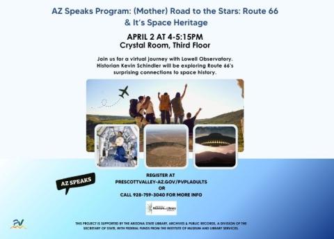 event poster with pictures of people standing on adventure and a person on a space ship, a meteor crater, and ufo
