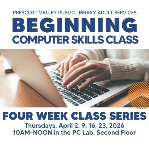 event poster with laptop open and a person typing