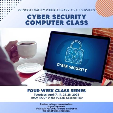 event poster with a laptop open and a picture of a lock on the screen with the words cyber security