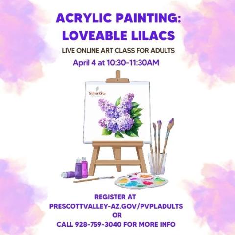 event poster with a easel with a acrylic lilac painted and some painting brushes in a jar