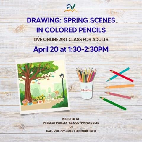 event poster with a scene drawn in colored pencils with a tree and grass and a bike also colored pencils in a cup