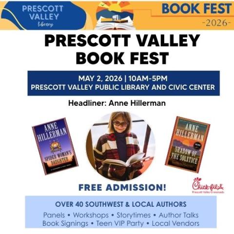 event poster with photo of anne hillerman and two novels Spider Woman's Daughter and Shadow of Justice