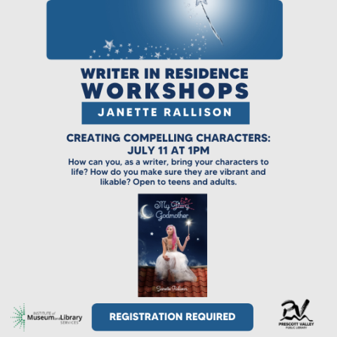 Blue Creating Compelling Characters Writer in Residence Workshop Flyer with book cover.