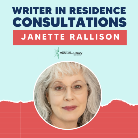 Photo with image of author, her name, Janette Rallison. Writer in Residence Consultations Flyer.