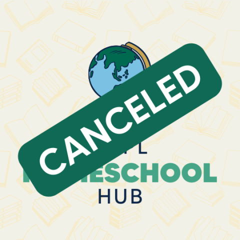 text say CANCELED on top of a graphic designed globe above text PVPL homeschool hub on an ivory background