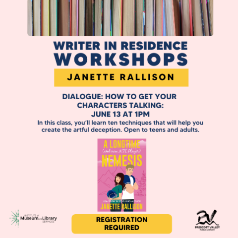 Writer in Residence Workshop Dialogue: How To Get Your Characters Talking--The Right Way Pink and Blue Flyer.