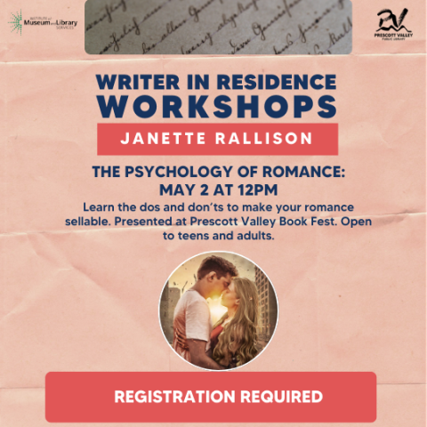 Writer in Residence Workshop: Psychology of Romance Flyer with image from a book cover.