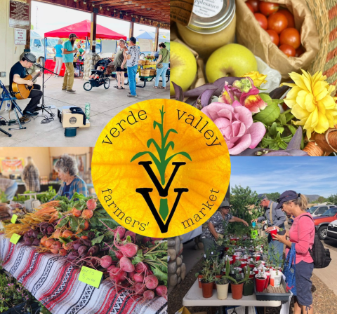 Picture collage of the market, including produce, house plants and flowers, with market logo.