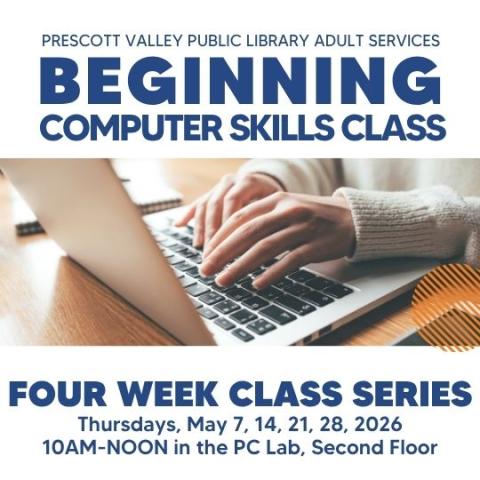 event poster with laptop open and a person typing