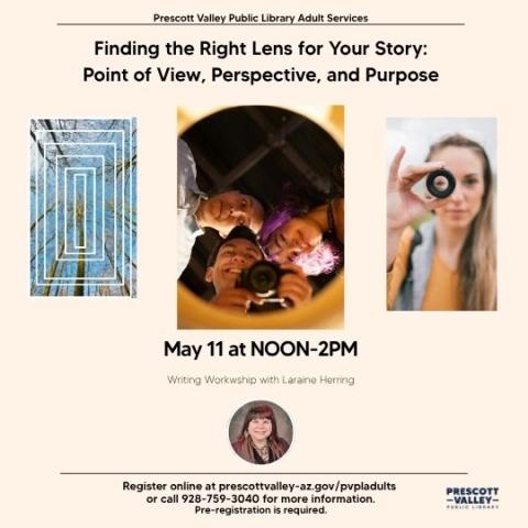 event poster with a picture of a group of people lookind down taking a photo, a woman holding up a circle object looking through it and a view of trees looking up at the sky