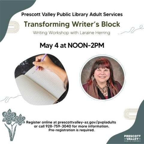 event poster with a picture of a notebook and someone writing and picture of author Laraine Herring.