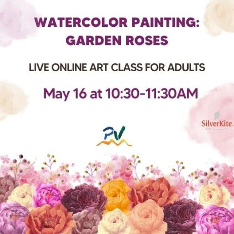 event poste with garden roses along the bottom border in the colors pink, yellow, and orange