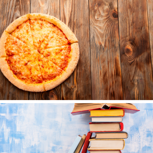 Picture of Cheese pizza and a pile of books