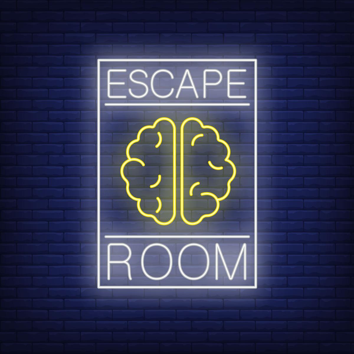 Art of a neon sign that reads escape room surrounding a picture of a brain