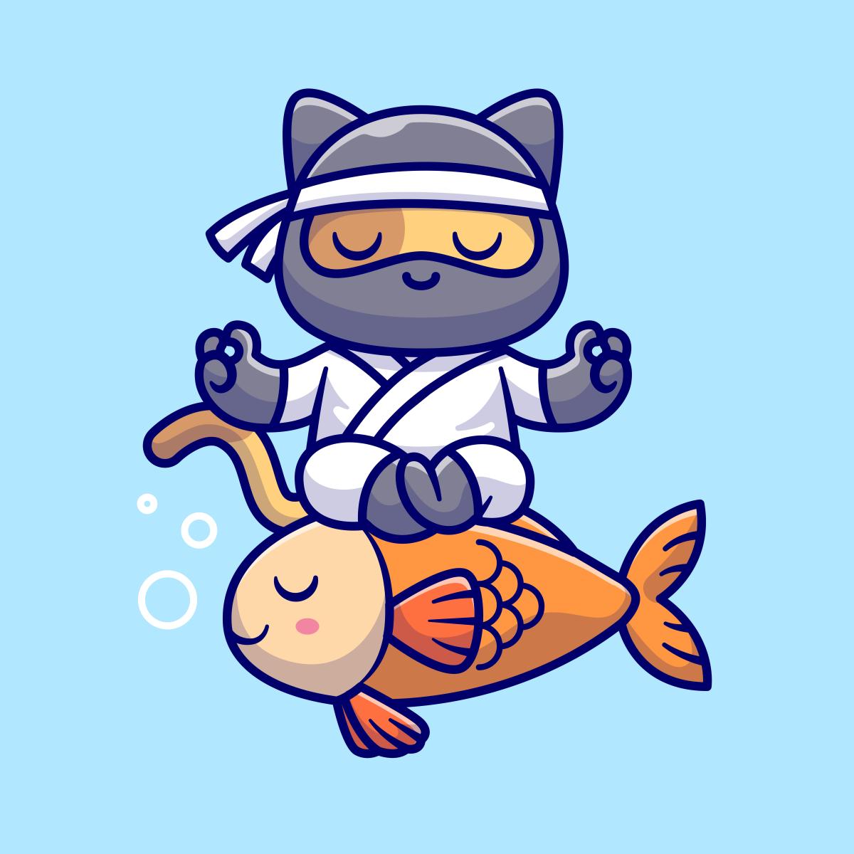 Cartoon cat in a ninja outfit meditating on the back of a fish