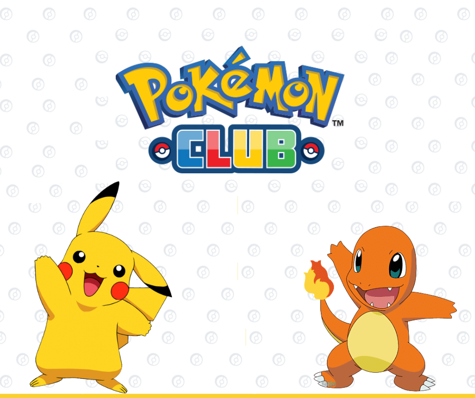 Pikachu and Charmander next to a colorful block wording that reads pokemon club