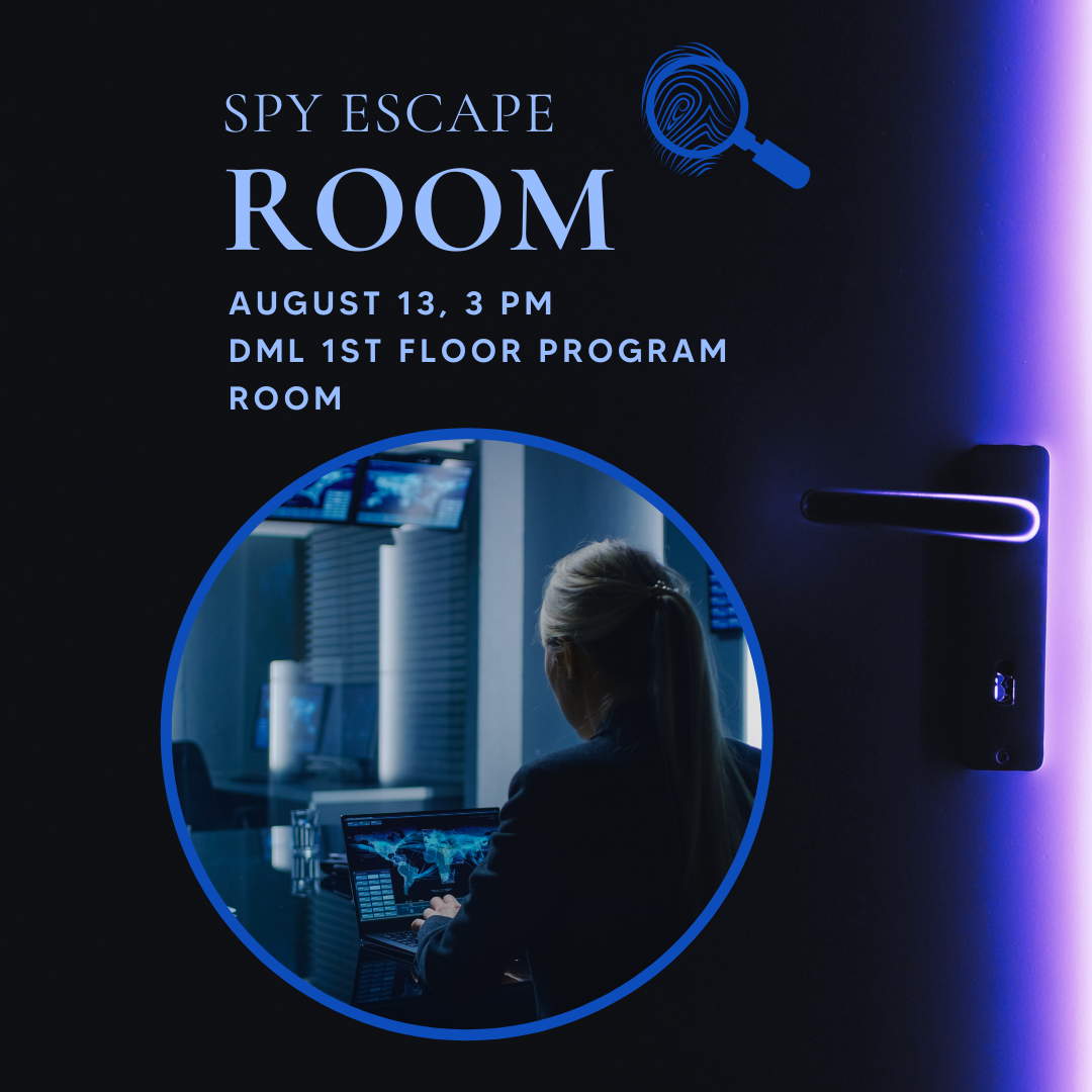 Spy Escape Room Poster with image of a spy at a computer.