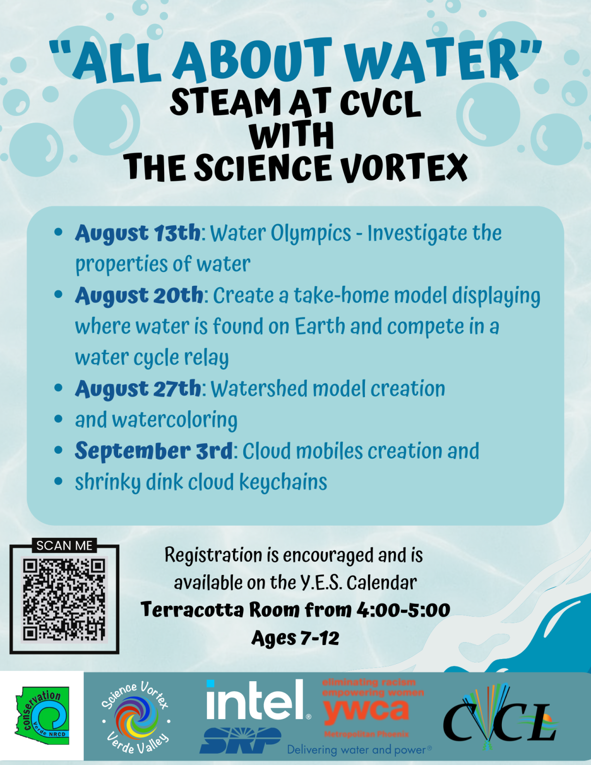 Promotional flyer for "all about Water" a STEAM workshop at Camp Verde Community Library. Blue Background and QR code.