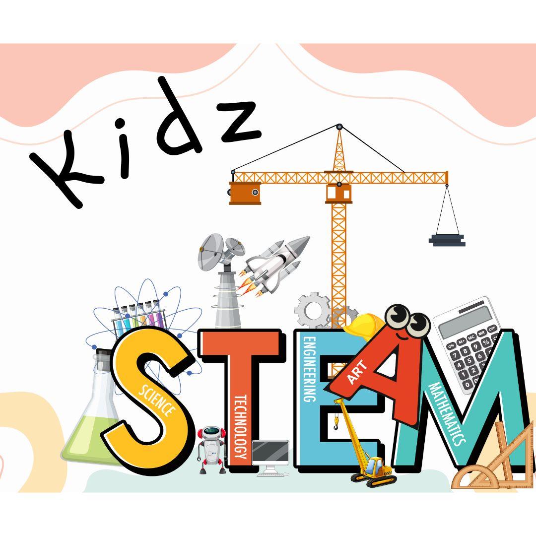 words Kidz STEAM on a splashed paint background. Each letter of STEM shows different items that represent science, technology, engineering, art, or mathematics