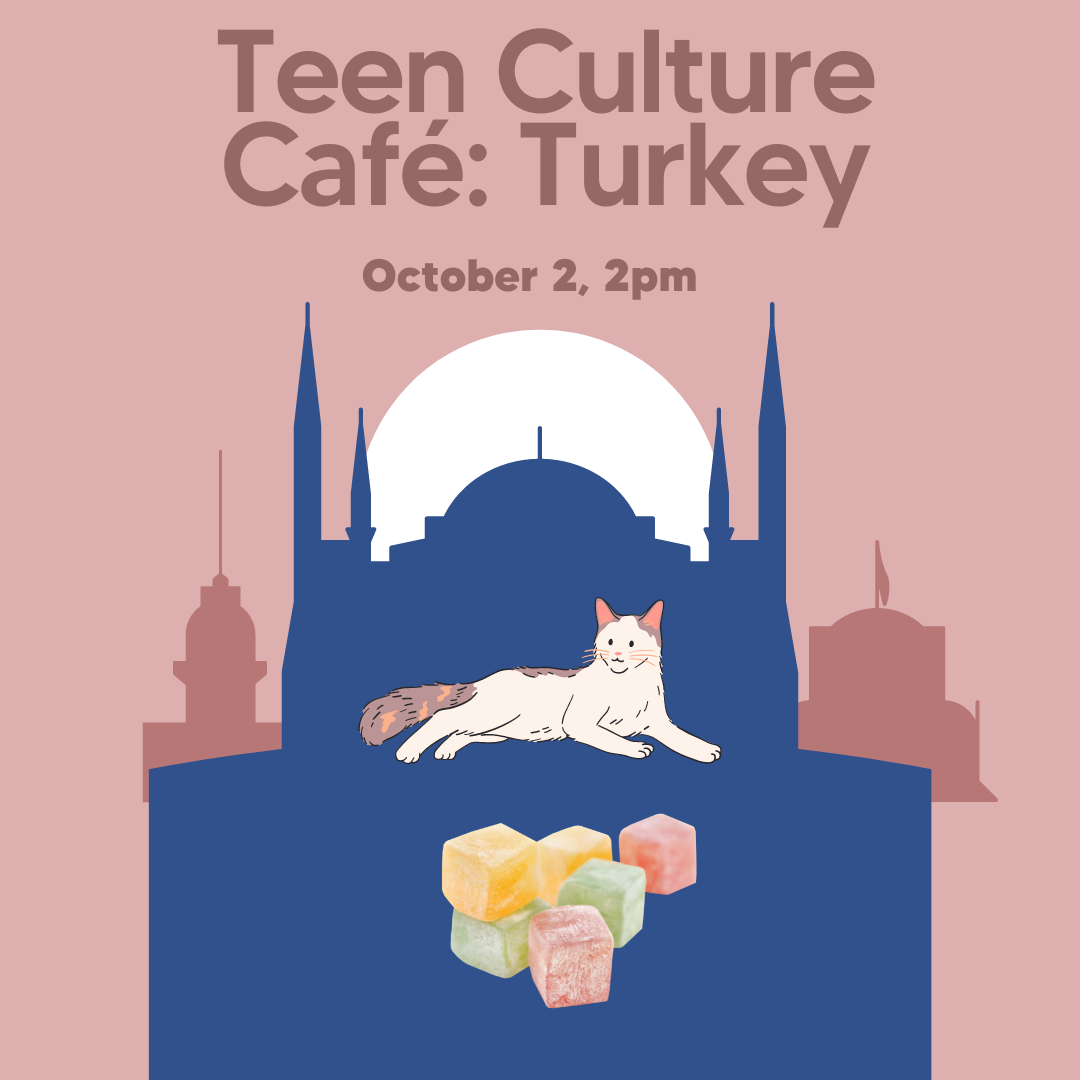 Teen Culture Cafe poster with clip art of cat and Turkish delights. A mosque shadow is in the background.