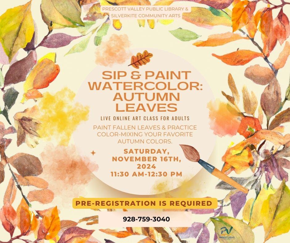 Event poster with autumn colored watercolor leaves around the poster