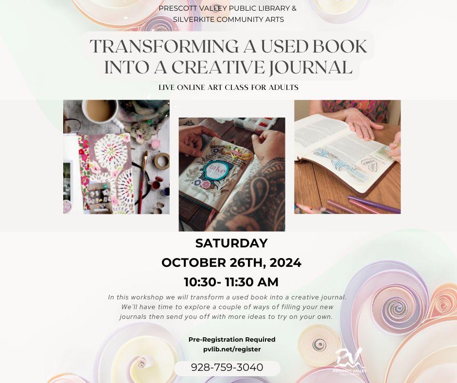 event poster with paper swirls and images of various books decorated with paper cut outs