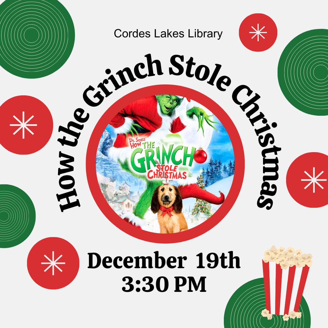 christmas ornaments surrounding an image of the grinch and his dog