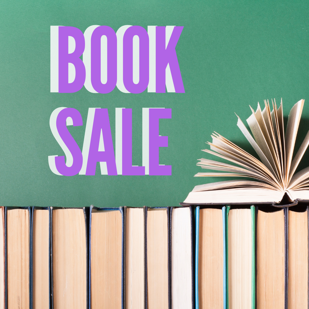 image of books stacked and text book sale