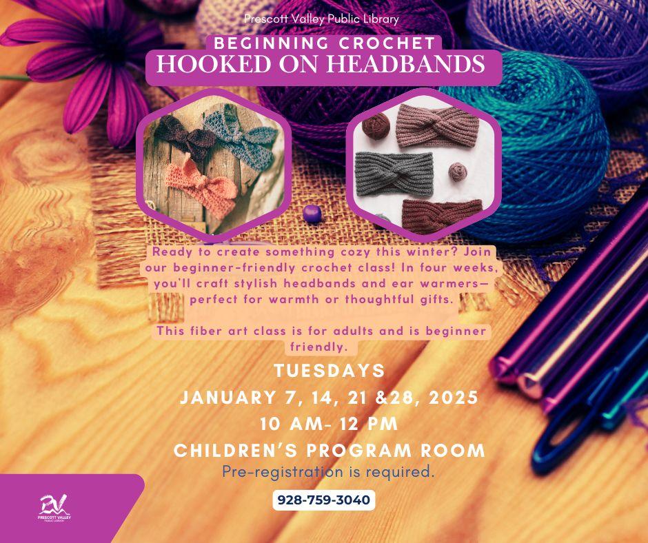 event poster with picture of a table and blue, purple yarn with crochet hooks