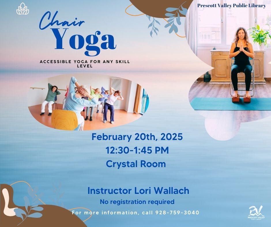 event poster with people doing chair yoga in a classroom