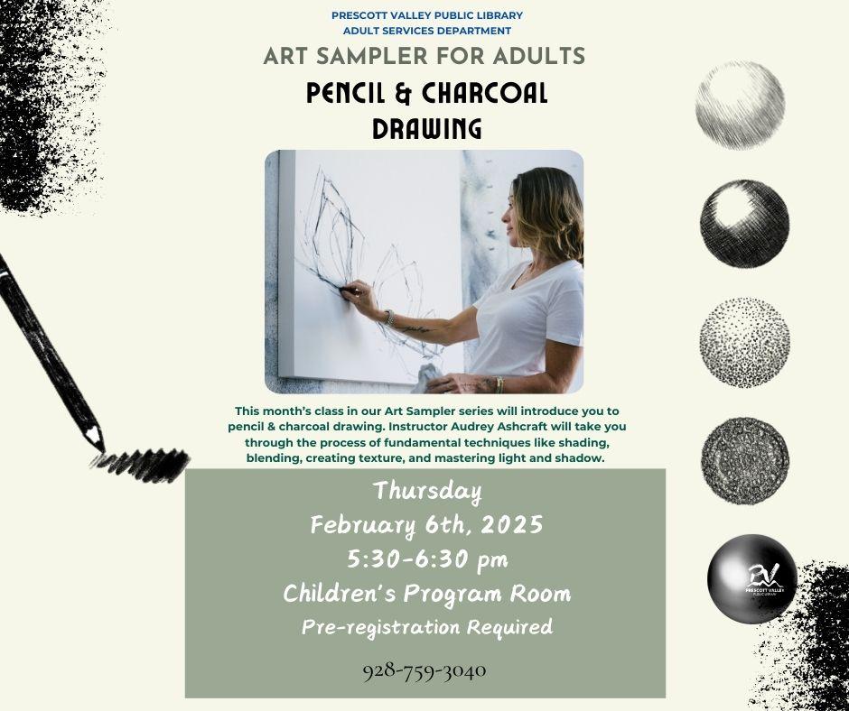 event poster with a person drawing in charcoal pencil