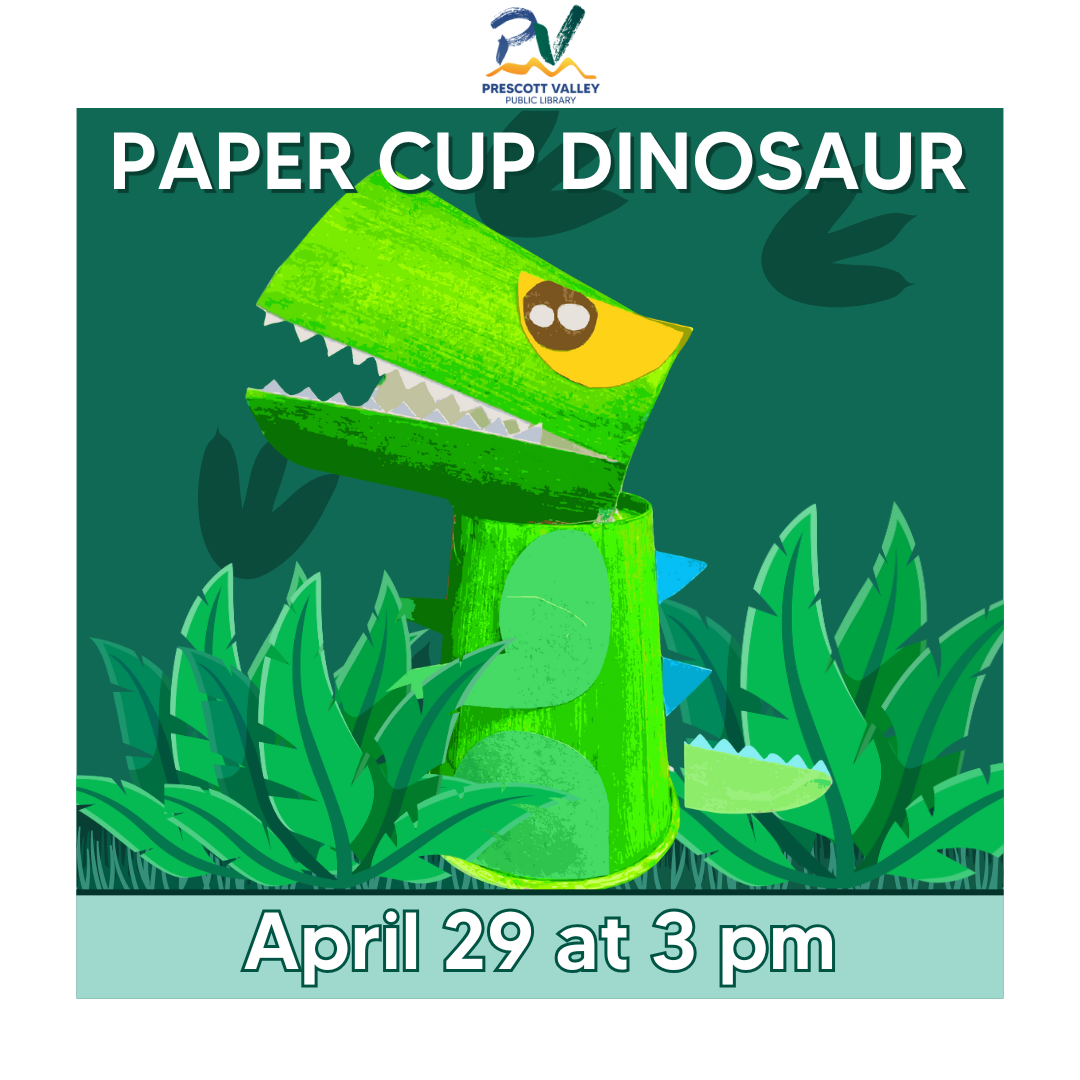 Craft Teen: Paper Cup Dinosaur with image of a green dinosaur in the midst of leaves.