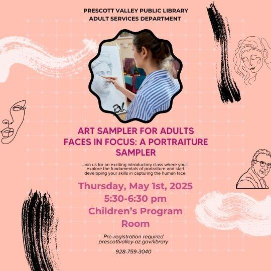 event poster with a woman painting a portrait